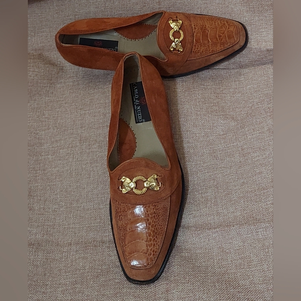 CARLO di NUZZO MEN'S BROWN OSTRICH & SUEDE BIT LOAFERS SIZE 9 M MADE IN ITALY